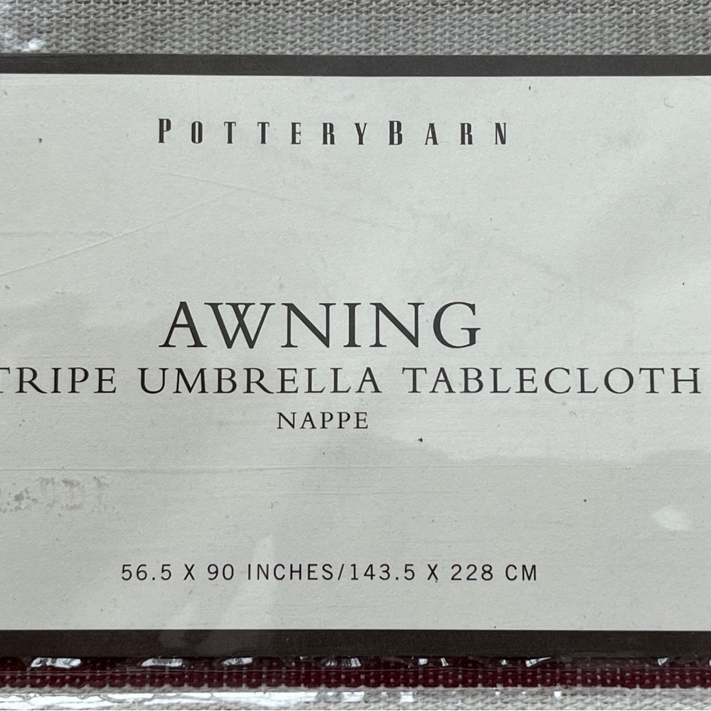 BRAND NEW Pottery Barn Awning Stripe Umbrella Tablecloth - Red/burgundy & Tan - Picture 2 of 4